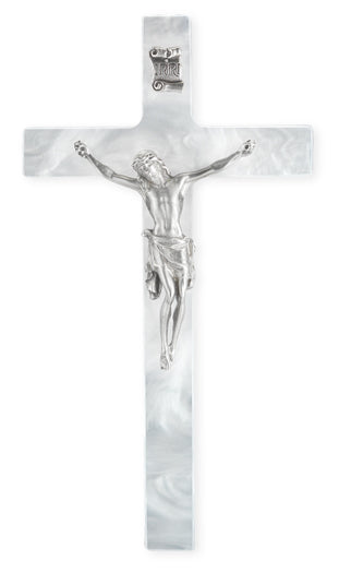 7" Pearlized White Cross with Fine Pewter Corpus., # 6437