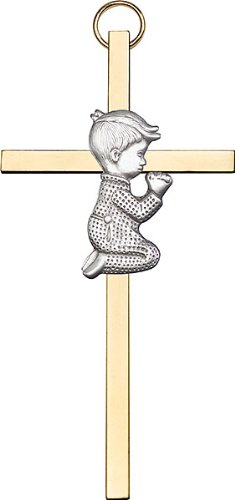 4" Praying Boy Cross, Silver Figure on Gold Finished Cross, # 64507