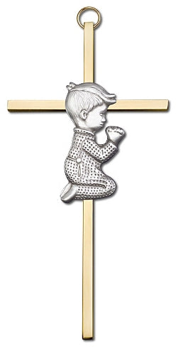 6" Praying Boy Cross, Silver Figure on Polished Brass Cross, # 64508