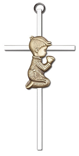 6" Praying Boy Cross, Gold Figure on Nickel Plated Cross, # 64509