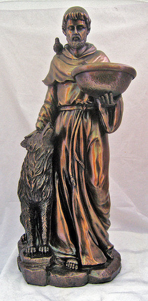 20" St. Francis with Wolf Statue, Cold Cast Bronze, Lightly Hand Painted, # 64534