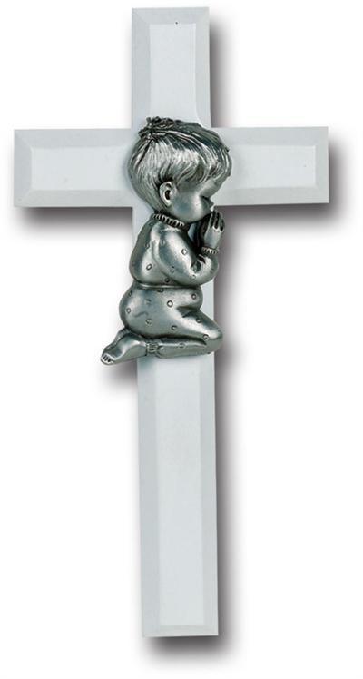 7" WHITE WOOD CROSS, PEWTER PRAYING BOY FIGURE, # 64543