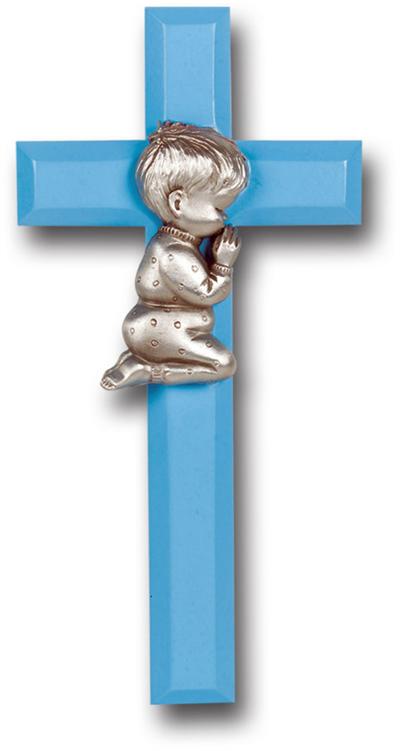 7" BLUE WOOD CROSS, PEWTER PRAYING BOY FIGURE, # 64544