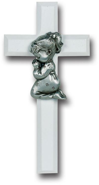 7" WHITE WOOD CROSS, PEWTER PRAYING GIRL FIGURE, # 64545