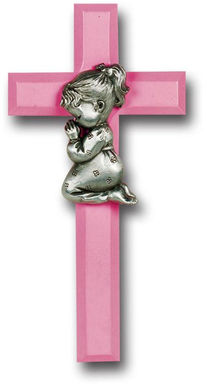 7" PINK WOOD CROSS, PEWTER PRAYING GIRL FIGURE, # 64546