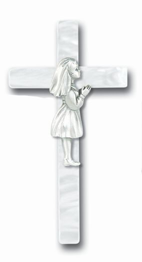 7" Pearlized Cross with Antiqued Genuine Pewter Communion Girl Figure, # 6457