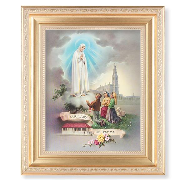 Our Lady of Fatima, 11.5"x13.5" Satin Gold Frame, Distressed Finish with Scrollwork, Italian Print Under Glass # 64743