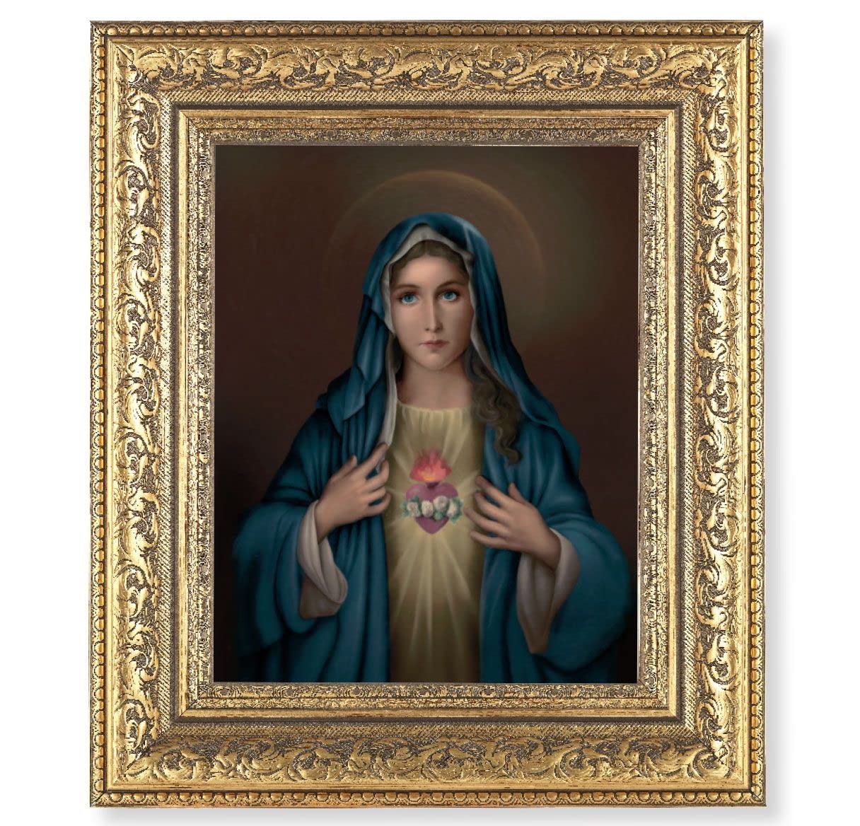 Immaculate Heart of Mary Picture, 12-1/2"x14-1/2, Antique Gold Leaf Carvings Ornate Frame, Italian Print Under Glass # 25475