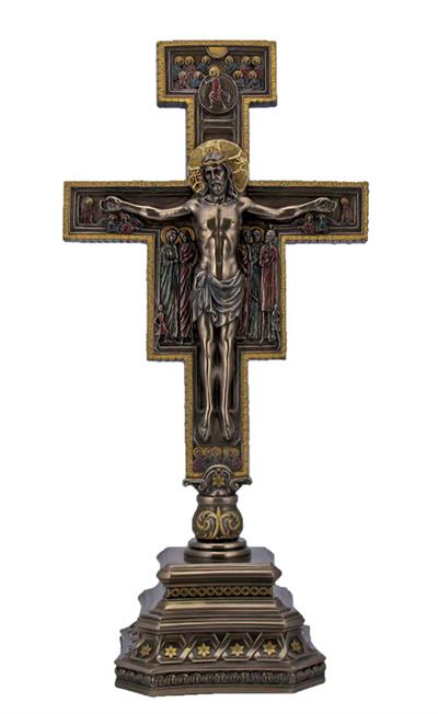 14" San Damiano Bronzed Resin Standing Crucifix, # 65035