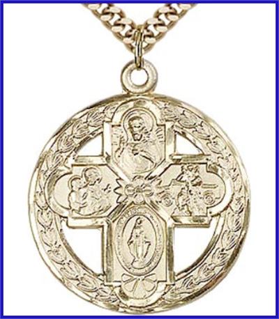 1-1/8" 4-Way Medal in Wreath, 14kt Gold Filled, Your Choice of Chain, # 65042