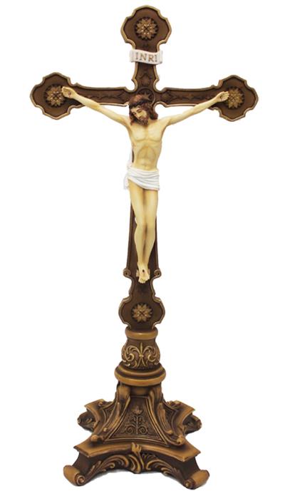 13" Standing Very Ornate Crucifix, Hand Painted Resin, # 65059