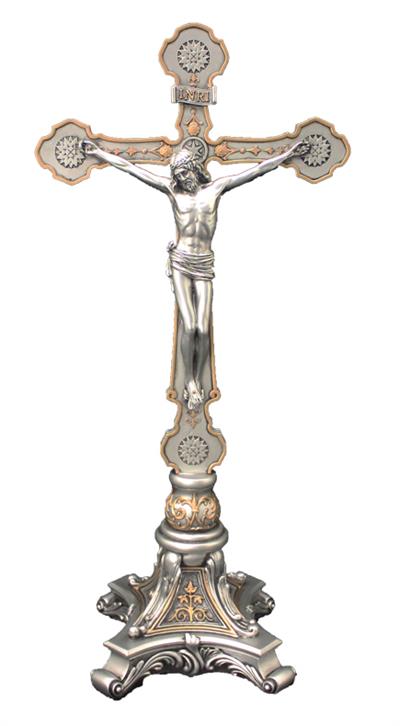13" Standing Very Ornate Crucifix, Pewter Finish Resin, # 65060