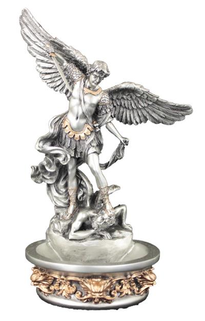 8" St. Michael Holy Water Font, Pewter Finish, Stands or Hangs, # 65065