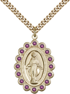 Amethyst Border Miraculous Medal 1-1/8" Solid 14kt Gold, Free Chain, # 65083
