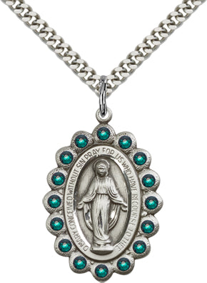 Emerald Border Miraculous Medal 1-1/8" Sterling Silver, Your Choice of Chain, # 65087