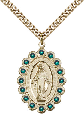 Emerald Border Miraculous Medal, 1-1/8", 14kt Gold Filled, Your Choice of Chain # 65088