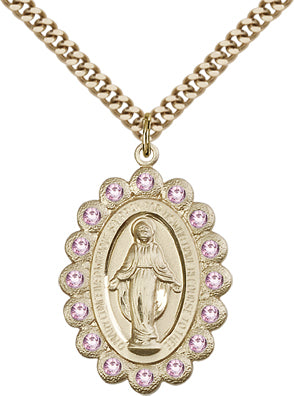 Light Amethyst Border Miraculous Medal 1-1/8" Solid 14kt Gold, Free Chain, # 65095