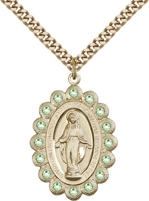Peridot Border Miraculous Medal, 1-1/8", 14kt Gold Filled, Your Choice of Chain # 65097