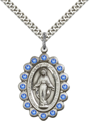 Sapphire Border Miraculous Medal 1-1/8" Sterling Silver, Your Choice of Chain, # 65105