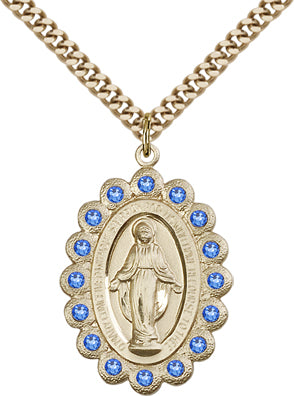 Sapphire Border Miraculous Medal, 1-1/8", 14kt Gold Filled, Your Choice of Chain # 65106
