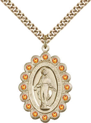 Topaz Border Miraculous Medal, 1-1/8", 14kt Gold Filled, Your Choice of Chain # 65109