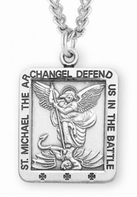 Saint Michael Rectangular Sterling Silver Medal, 13/16", Your Choice of Chain, # 6530