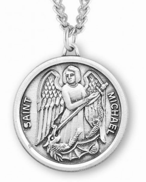 Saint Michael Round Sterling Silver Medal, 13/16", Your Choice of Chain, # 6533