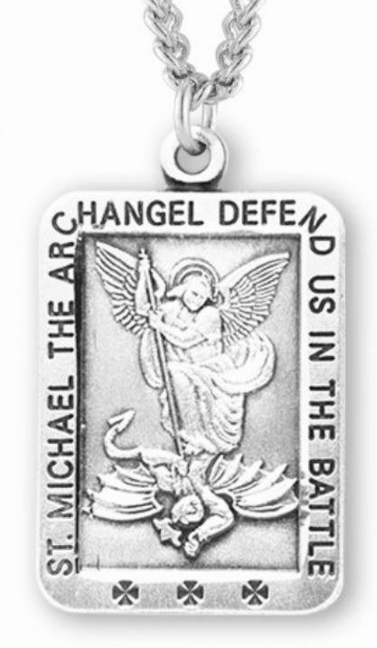 Saint Michael Rectangular Sterling Silver Medal, 7/8", Your Choice of Chain, # 6539