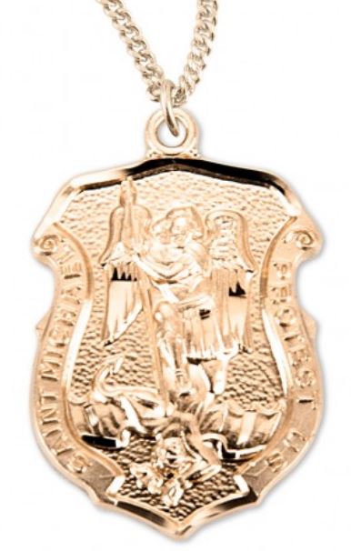Saint Michael Gold Plated Sterling Silver shield Medal, 11/16", Your Choice of Chain, # 6557