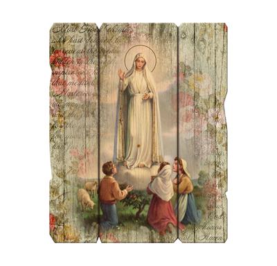 Our Lady of Fatima Vintage Wooden Wall Plaque, 7.5"x9", # 65593