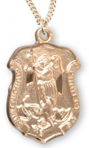Saint Michael 16kt Gold over Sterling Silver shield Medal, 1/2", Your Choice of Chain, # 6559