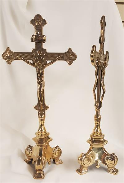 Double sided standing Crucifix, shiny brass, 13", # 65601