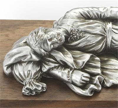 4" SLEEPING ST. JOSEPH PEWTER STATUE ON WOOD, # 65683|