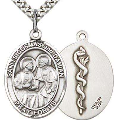 Sts. Cosmas & Damian Doctors Physicians Medal, Sterling Silver, 1" tall, Your Choice of Chain, # 65763
