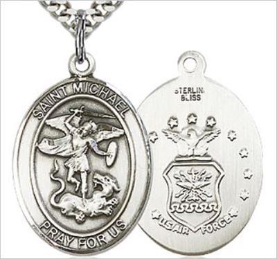 St. Michael / Air Force Medal, Sterling Silver, 1"x3/4", Your Choice of Chain, # 65773