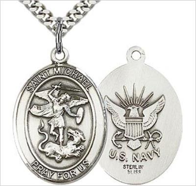 St. Michael / Navy Medal, Sterling Silver, 1" tall, Your Choice of Chain, # 65777