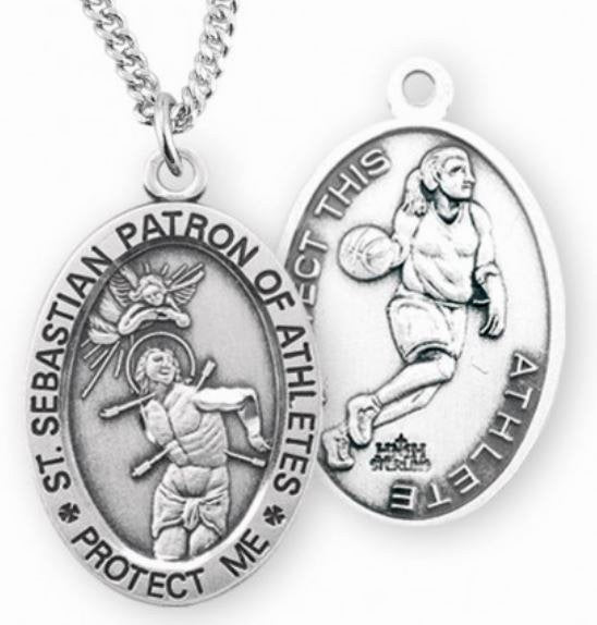 Female Basketball / St. Sebastian Medal in Sterling Silver, 7/8", Your Choice of Chain, # 6578