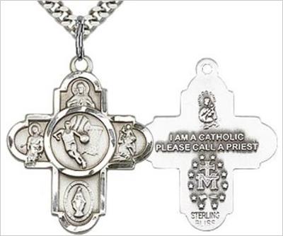 Basketball 4-Way Medal, Sterling Silver, 1", Your Choice of Chain, # 65789