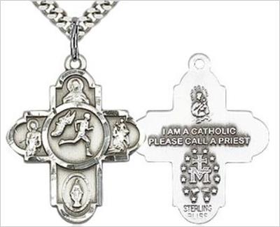 Track & Field 4-Way Medal, Sterling Silver, 1", Your Choice of Chain, # 65794