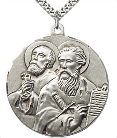 Sts. Peter & Paul Medal, Sterling Silver, 1-5/8" tall, Your choice of chain, # 65810