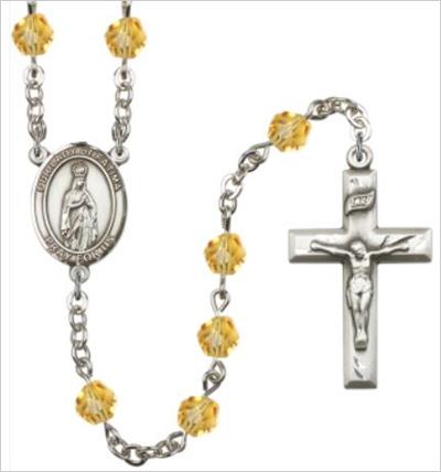 6mm Fire Polished Silver Plate Our Lady of Fatima Rosary, Topaz, # 66042