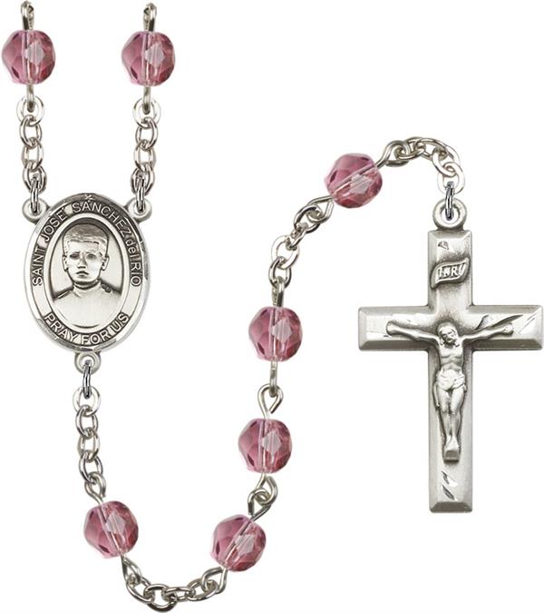 6mm Fire Polished Silver Plate St. Jose Luis Sanchez del Rio Rosary, Amethyst, # 66101