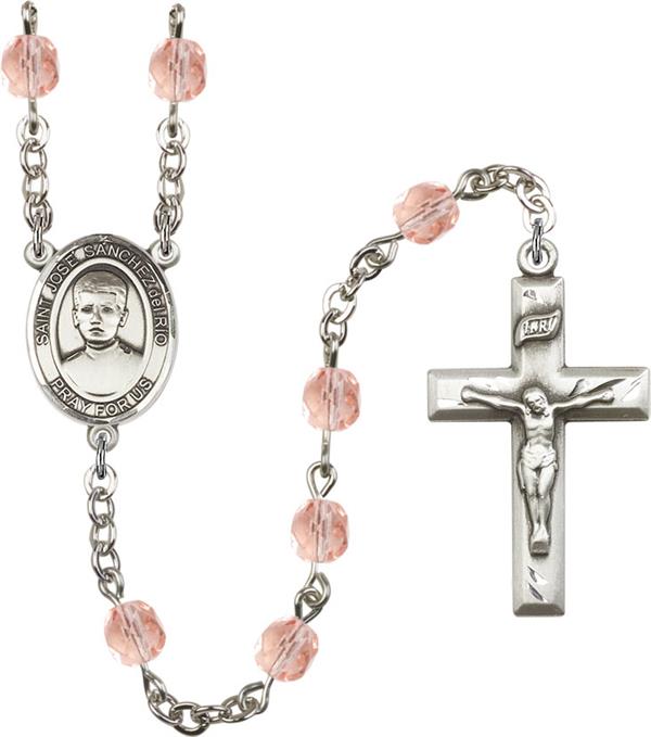 6mm Fire Polished Silver Plate St. Jose Luis Sanchez del Rio Rosary, Pink, # 66108