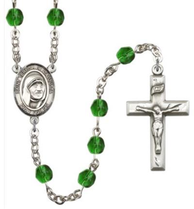 6mm Fire Polished Silver Plate St. Teresa of Calcutta Rosary, Emerald, # 66113