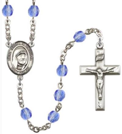 6mm Fire Polished Silver Plate St. Teresa of Calcutta Rosary, Sapphire, # 66117