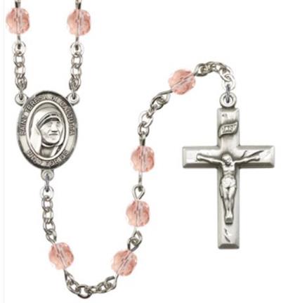 6mm Fire Polished Silver Plate St. Teresa of Calcutta Rosary, Pink, # 66118