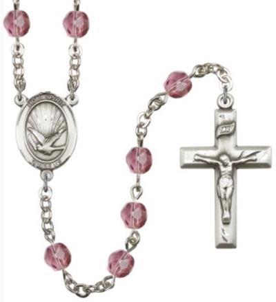 6mm Fire Polished Silver Plate Holy Spirit Rosary, Amethyst, # 66129