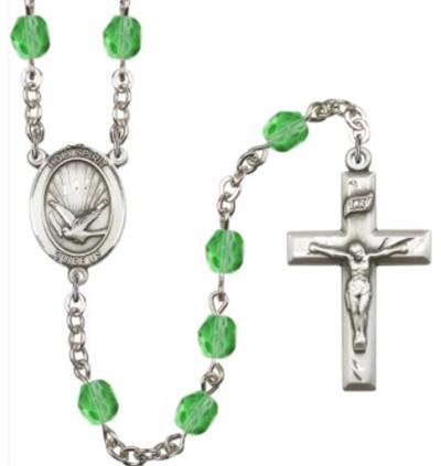 6mm Fire Polished Silver Plate Holy Spirit Rosary, Peridot, # 66135
