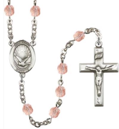 6mm Fire Polished Silver Plate Holy Spirit Rosary, Pink, # 66137