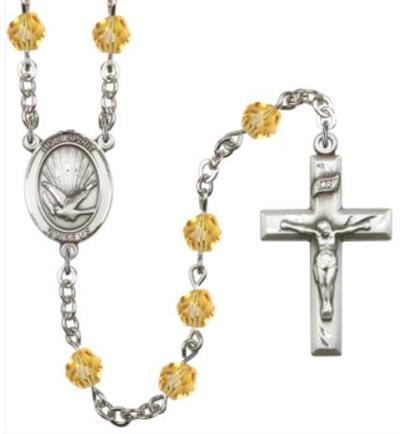 6mm Fire Polished Silver Plate Holy Spirit Rosary, Topaz, # 66138